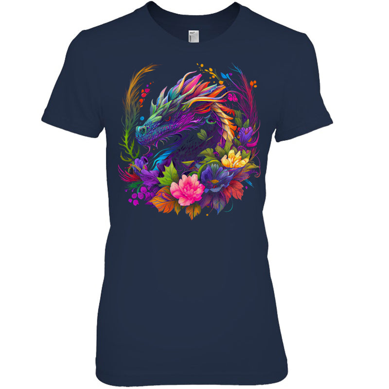 NavyWomanTshirtWatercolorDragonFlowersBeautifulArtColorfulGraphicGiftForDragonLovers