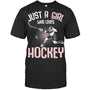 BlackTshirtJustAGirlWhoLovesHockeyYouthKidsGirlsGiftForIceHockeyFanIceHockeyPlayer