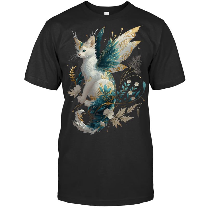 BlackTshirtMajesticCatDragonFairyWhiteAndTealWithGoldAccentsGiftForDragonLovers