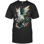BlackTshirtMajesticCatDragonFairyWhiteAndTealWithGoldAccentsGiftForDragonLovers