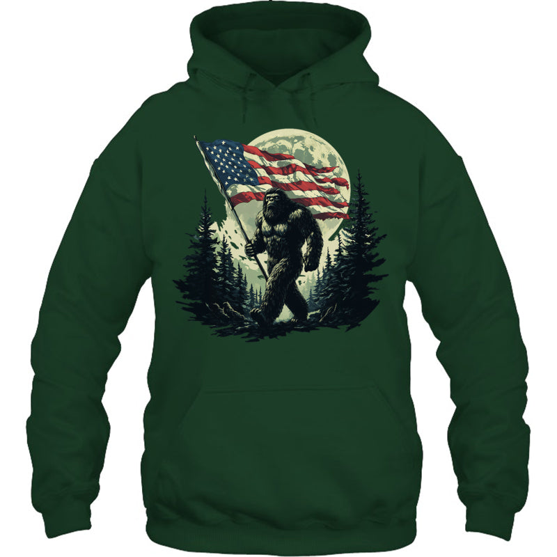 ForestGreenHoodieBigFootBigfootSasquatchAmericanFlagPatriotic4thJulyGiftForVeteran