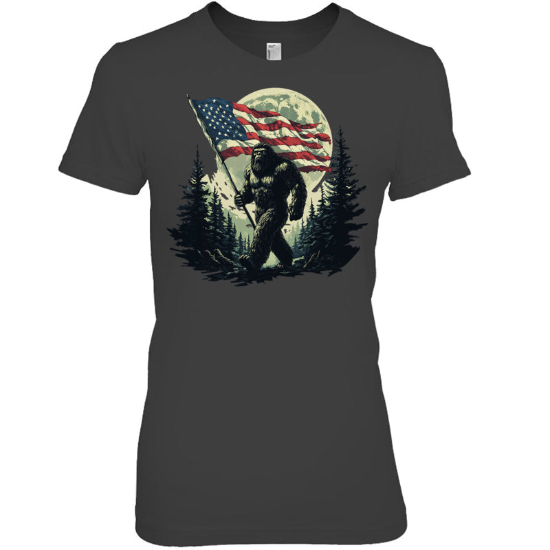 HeatherDarkGreyWomanTshirtBigFootBigfootSasquatchAmericanFlagPatriotic4thJulyGiftForVeteran