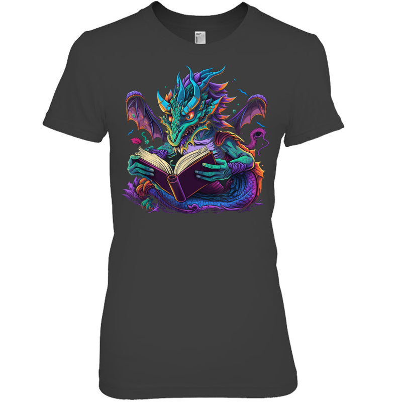 HeatherDarkGreyWomanTshirtDragonReadingBookGiftForDragonLovers