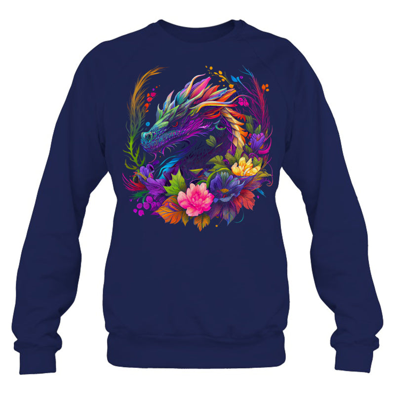 NavySweatshirtWatercolorDragonFlowersBeautifulArtColorfulGraphicGiftForDragonLovers